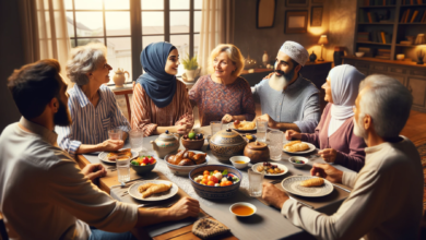 Une famille européenne réunie autour d'une table pour l'iftar dans une ambiance chaleureuse et accueillante.