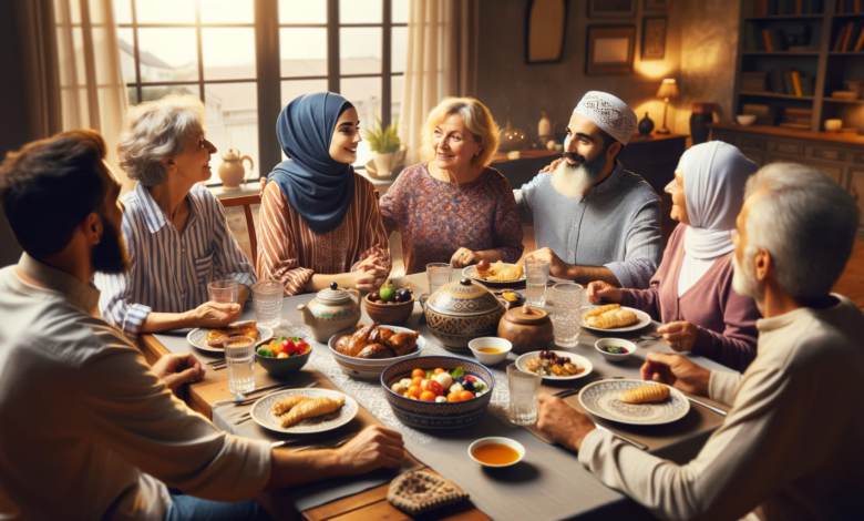 Une famille européenne réunie autour d'une table pour l'iftar dans une ambiance chaleureuse et accueillante.