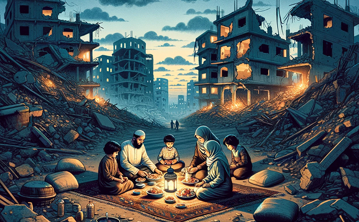 Une famille gazaouis rompant le jeûne au milieu des décombres