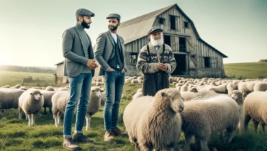 Hommes musulmans et éleveur discutent près d'une bergerie dans un paysage pastoral.