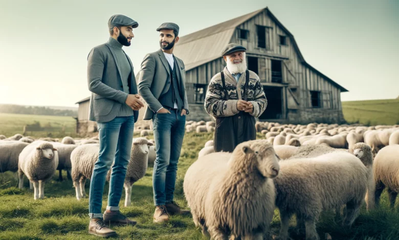 Hommes musulmans et éleveur discutent près d'une bergerie dans un paysage pastoral.